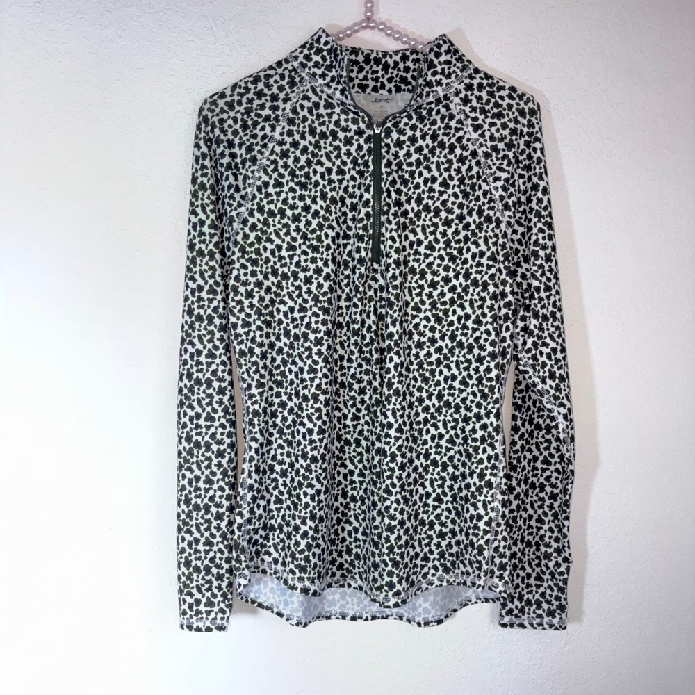 Jofit Activewear Top Medium Olive Black Animal Print  1/4 Zip Mock Neck Pullover